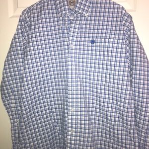 Blue and white checked men’s button down shirt